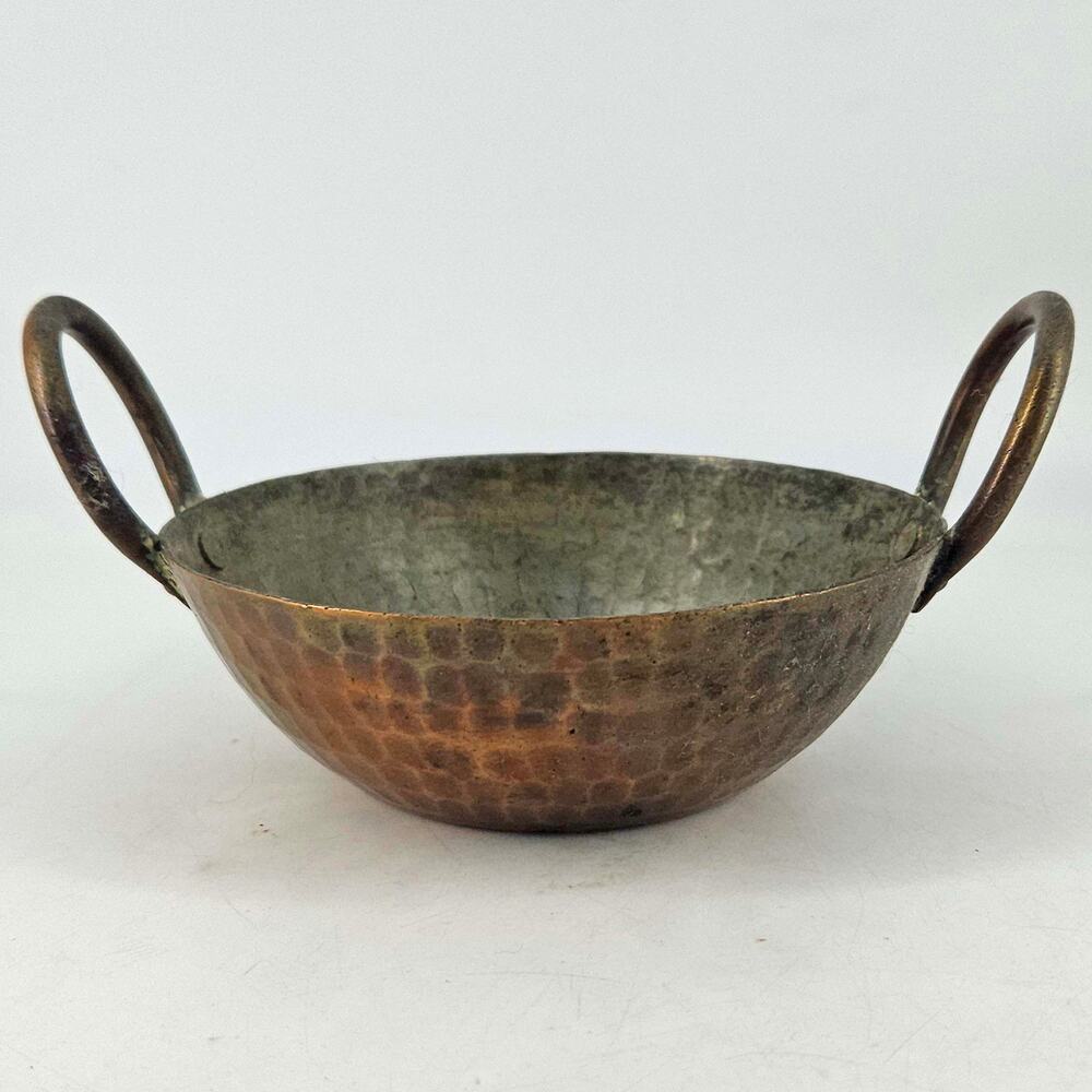 Vintage Hammered copper tin lined Kadai Indian Cooking Pot dish w handles 5"